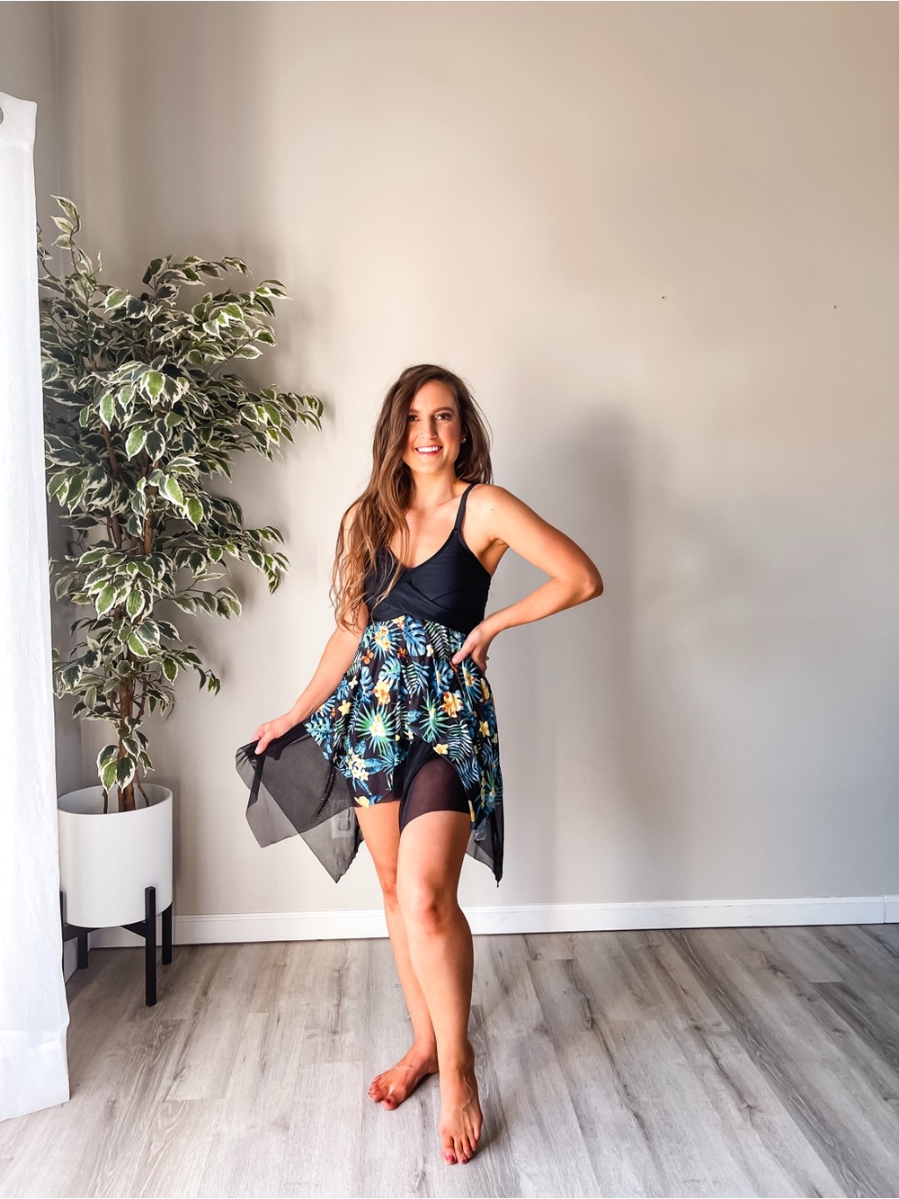 Black Floral Asymmetrical Swim Dress for Women